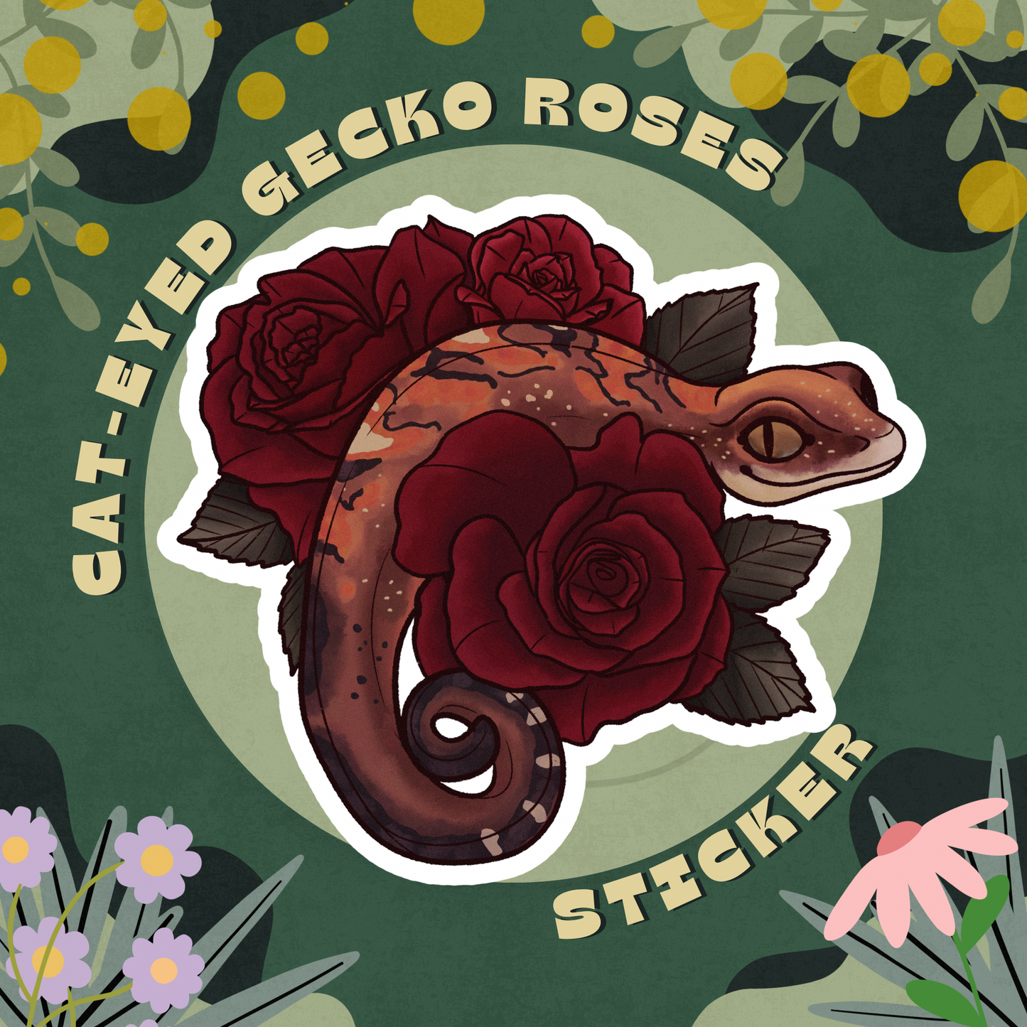 Cat Gecko Roses Glossy Sticker