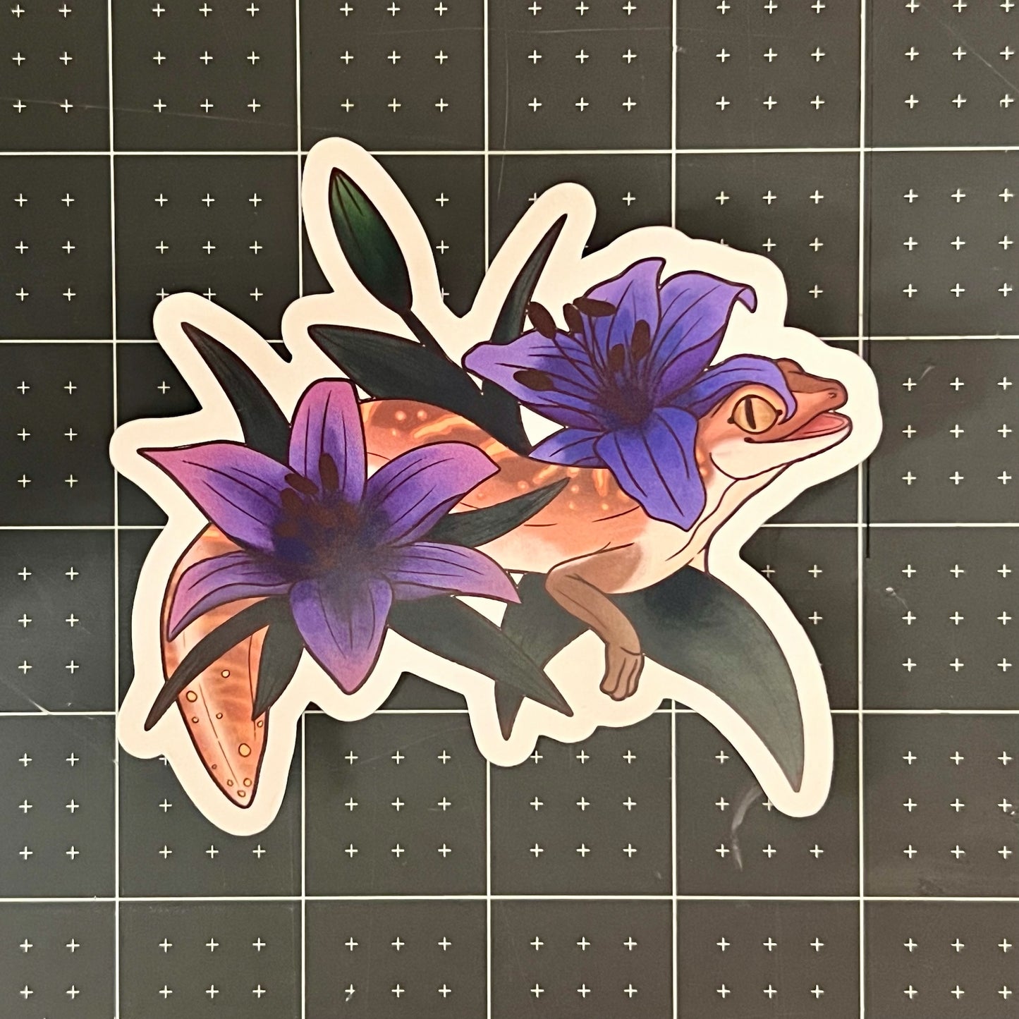 Stone Gecko Lilies Glossy Sticker