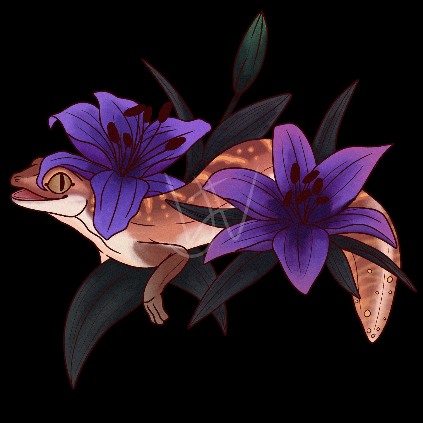 Stone Gecko Lilies Glossy Sticker