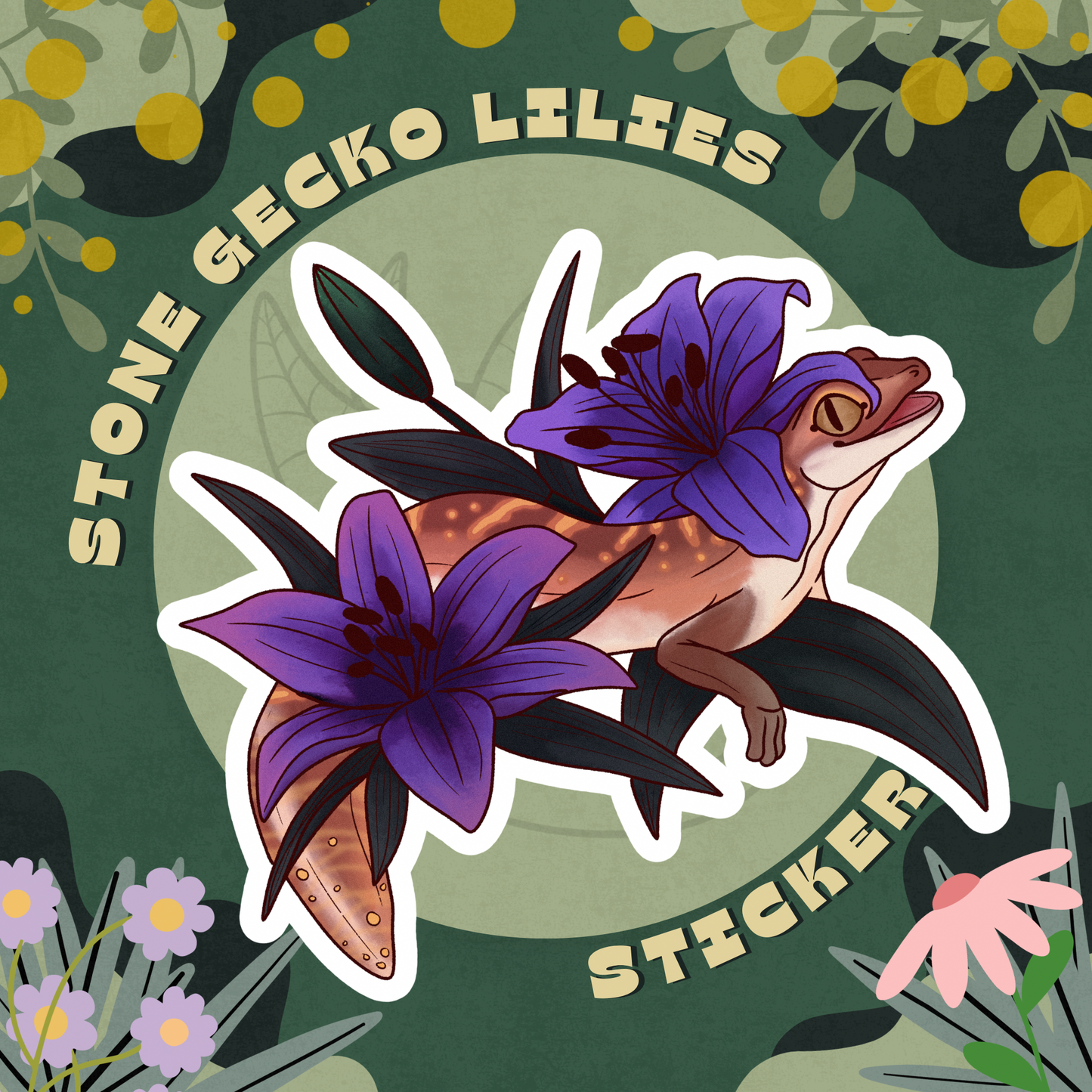 Stone Gecko Lilies Glossy Sticker